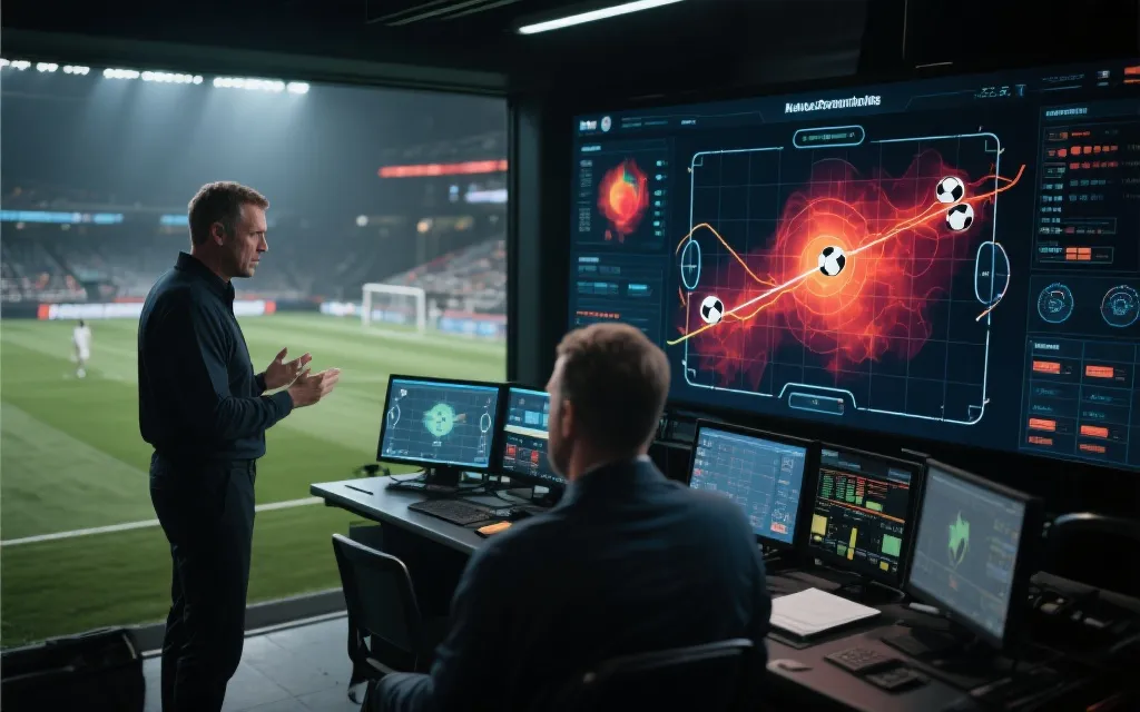 教练在边线屏幕前与分析师远程联动，战术热力图与传球线路叠加，可视化界面