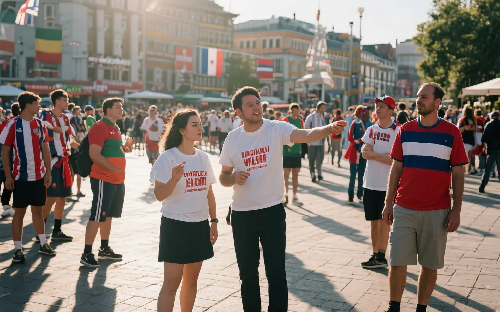 志愿者在城市公共空间为球迷指引路线与信息