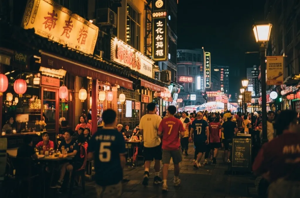 球迷在城市街区体验美食与文化活动的场景